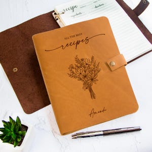 Sand personalized leather recipe binder with floral bouquet design, custom cookbook journal, handmade recipe organizer