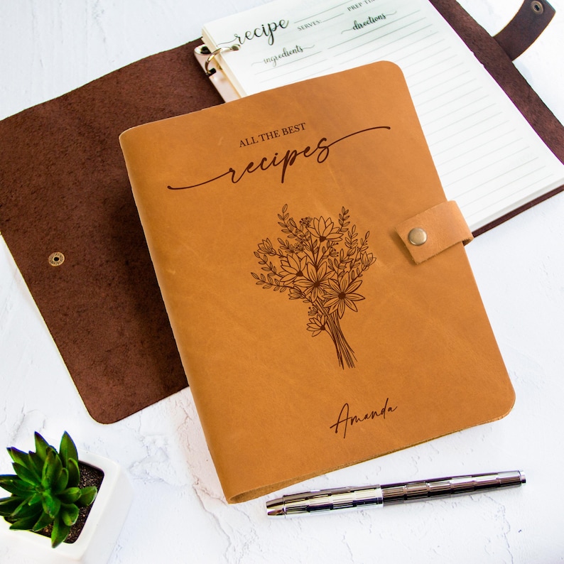 Sand personalized leather recipe binder with floral bouquet design, custom cookbook journal, handmade recipe organizer