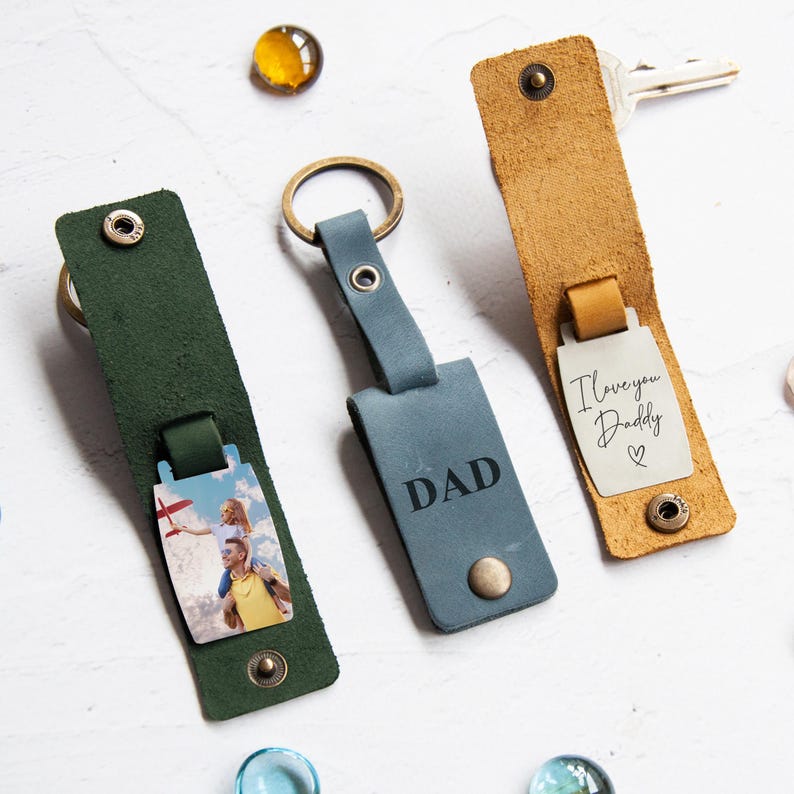 Personalised Gift for Dad - Custom Photo Keyring in Leather Case
