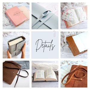 May include: A collection of leather-bound journals and bags in various colours, including pink, blue, brown, and grey. The journals have different designs and some have text on the cover. The bags have straps and buckles. The image also includes a close-up of a note with the word "Details" written on it.