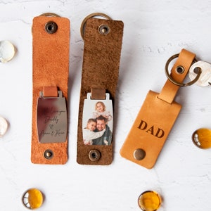 Cadeau personnalisé pour papa Porte-clés photo personnalisé dans un étui en cuir, souvenir de la fête des pères, cadeau pour un nouveau papa, porte-clés photo en cuir Sand