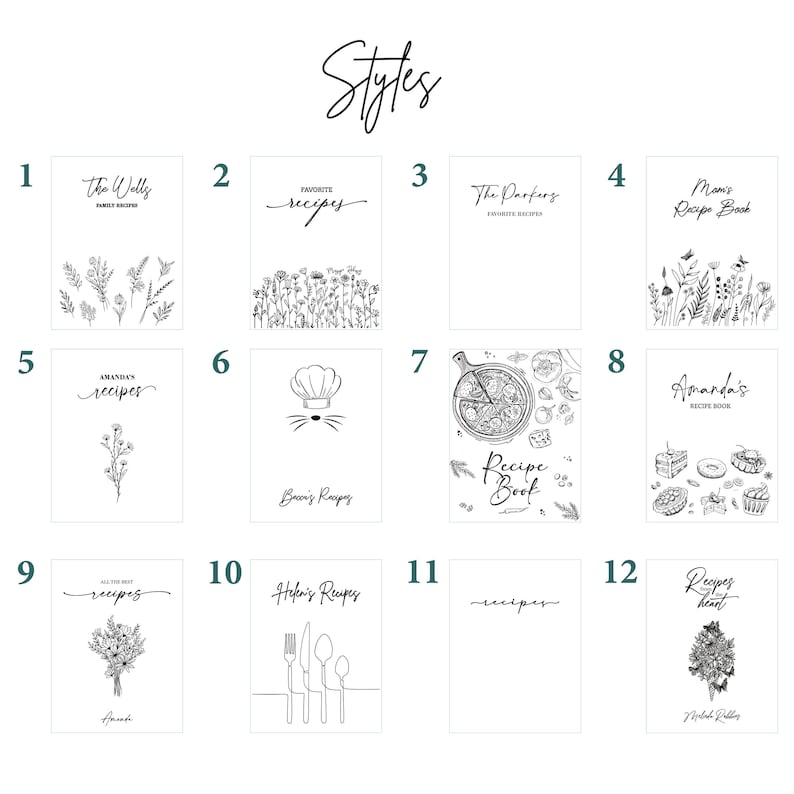 a collection of 12 different styles or recipes, each with its own unique design and title. T