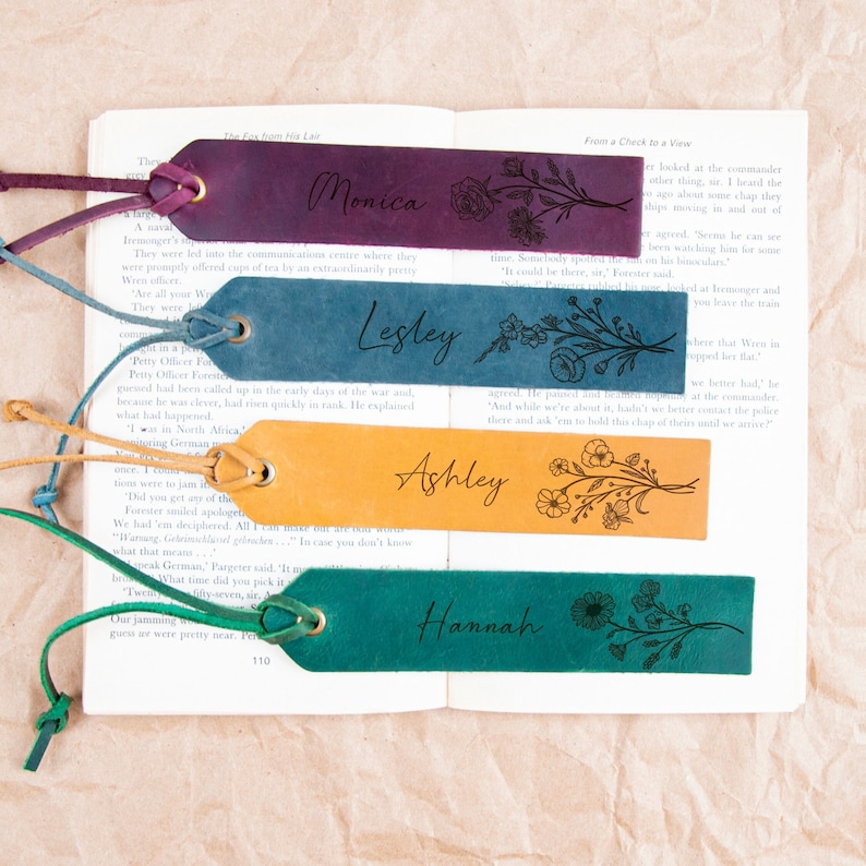 Personalized Birth Flower Gift, Leather Bookmark, Custom Name Bookmark ...