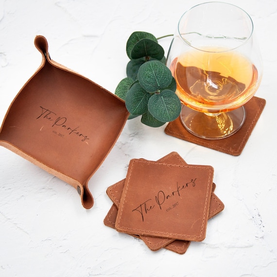 Personalized Leather Coaster Set, Drink Coasters, Housewarming Gift, Wedding Gift, 3rd Anniversary Gift, Fathers Day Gift for Dad from son