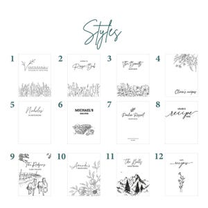 a collection of 12 different styles of engraving on recipe book, each with its own unique elements and features.
