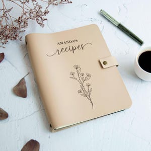 Beige personalized leather recipe book with floral engraving, custom cookbook binder gift for mom and grandma