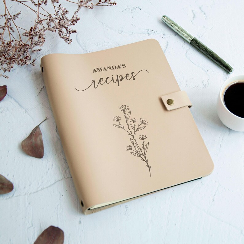 Beige personalized leather recipe book with floral engraving, custom cookbook binder gift for mom and grandma
