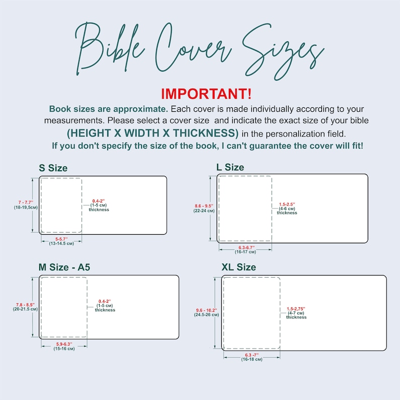May include: Diagram showing different sizes for bible covers. The sizes are labelled S, M, L, and XL. Each size is shown with measurements in inches and centimetres. The diagram includes the height, width, and thickness of each size.