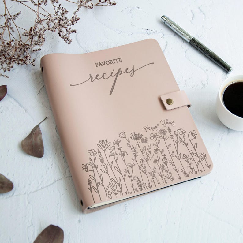 Powder personalized recipe book with floral engraving, custom cookbook journal