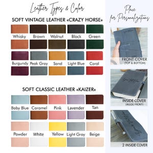 May include: A chart displaying various leather types and colours for a journal. The leather types are "Soft Vintage Leather" and "Soft Classic Leather". The colours include whisky, brown, walnut, black, green, burgundy, peak grey, sand, light blue, coral, baby blue, caramel, pink, lavender, tan, powder, white, yellow, light grey, and beige.