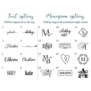 May include: A chart with 20 options for fonts and monograms. The fonts are written in cursive and the monograms are in a variety of styles, including floral, heart, and initial designs. The chart is labeled "Font options" and "Monogram options".