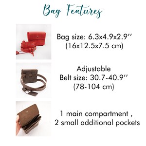 May include: A brown leather fanny pack with an adjustable belt. The bag measures 6.3 inches by 4.9 inches by 2.9 inches and has one main compartment and two small additional pockets.