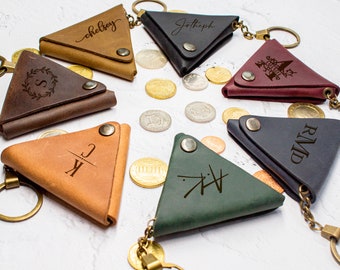 Personalized Leather Triangle Сoin Purse, Leather Coin Pouch, Triangle Keychain, Leather Coin Case, Small Coin Wallet, Ukraine Seller