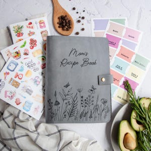 Peak Gray custom recipe book with floral engraving, personalized cookbook journal for handwritten family recipes