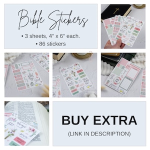 May include: A set of 86 Bible-themed stickers on three sheets, each measuring 10 cm by 15 cm. The stickers feature a variety of designs, including flowers, crosses, butterflies, and inspirational quotes. The stickers are perfect for decorating Bibles, journals, planners, and other items.
