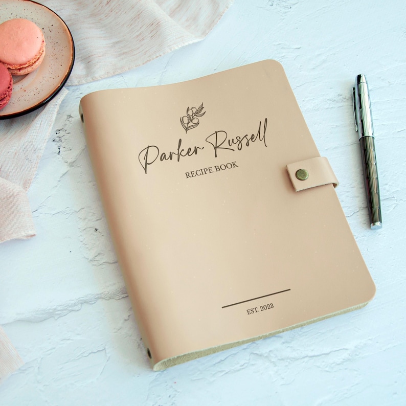 Minimalist beige personalized recipe book with custom family name engraving and olive branch, elegant gift for him cookbook