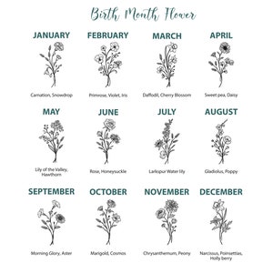 May include: A chart showing the birth month flower for each month of the year. The chart is divided into 12 sections, one for each month. Each section includes a black and white illustration of a bouquet of flowers and the name of the flower(s) associated with that month.