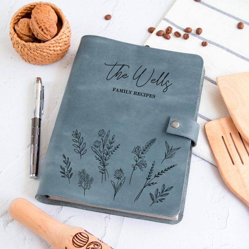 Light Blue personalized leather recipe book with wildflower engraving, custom family cookbook binder, handmade blank recipe journal