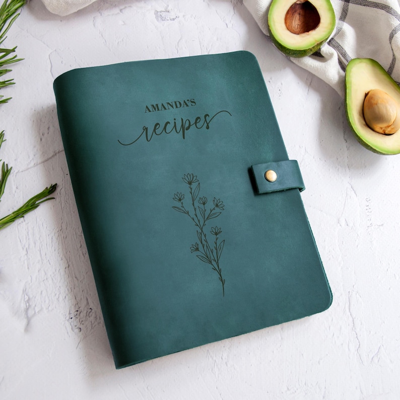 Dark teal custom recipe book with engraved wildflower design, personalized cookbook journal for home chef