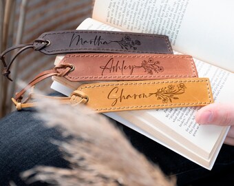 Birth Flower Bookmark, Personalized Leather Bookmark, Birth Flower Gifts, Custom Name Flower Bookmark, Floral Gifts, Birthday Gifts for Her