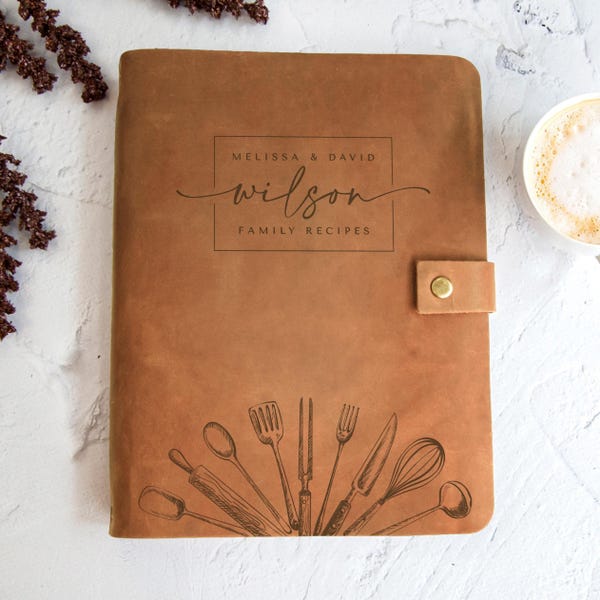 Personalized Recipe Book Leather CookBook Recipe Binder Family Heirloom Housewarming Bridal Shower Gift Wedding Gift for Couple Christmas
