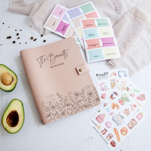 Powder pink personalized recipe binder with floral engraving and recipe stickers, custom cookbook journal, bridal shower gift, gift for grandma, housewarming gift.
