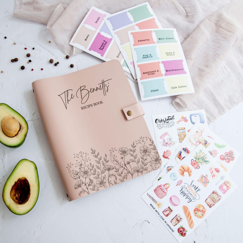 Powder pink personalized recipe binder with floral engraving and recipe stickers, custom cookbook journal, bridal shower gift, gift for grandma, housewarming gift.