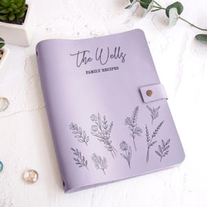 Lavender personalized recipe book with floral engraving, custom family cookbook
