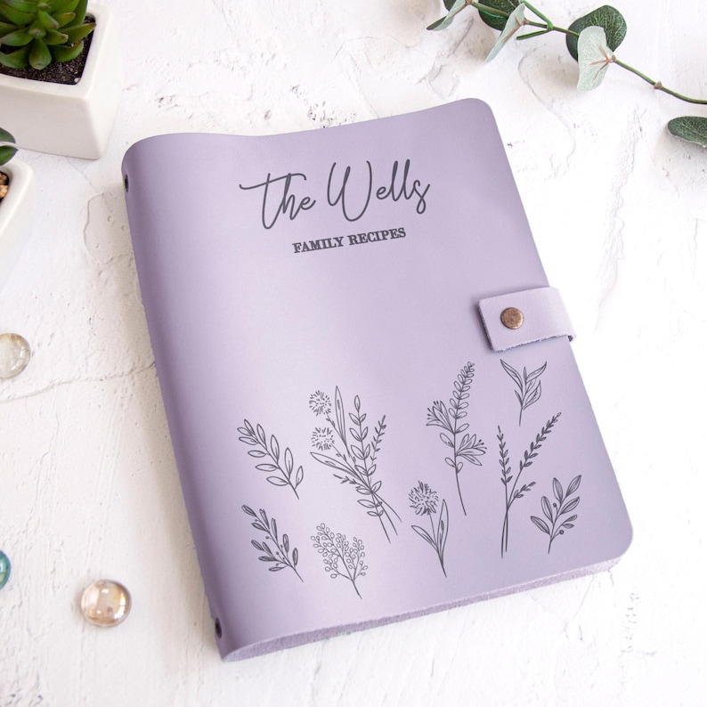 Lavender personalized recipe book with floral engraving, custom family cookbook