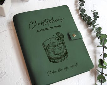 Personalized Leather Cocktail Recipe Book, Engraved Whiskey Bar Journal, Custom Mixology Gift