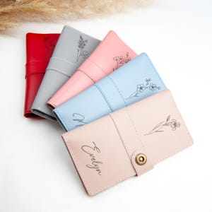 Birth Flower Leather Wallet, Women's Wallet Leather, Wallet for Women, Leather Purse with Zipper, Personalized Birthday Gift for Mom Sister