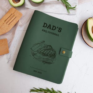 Leaf green dad BBQ journal with steak engraving, personalized grilling recipe book gift for father