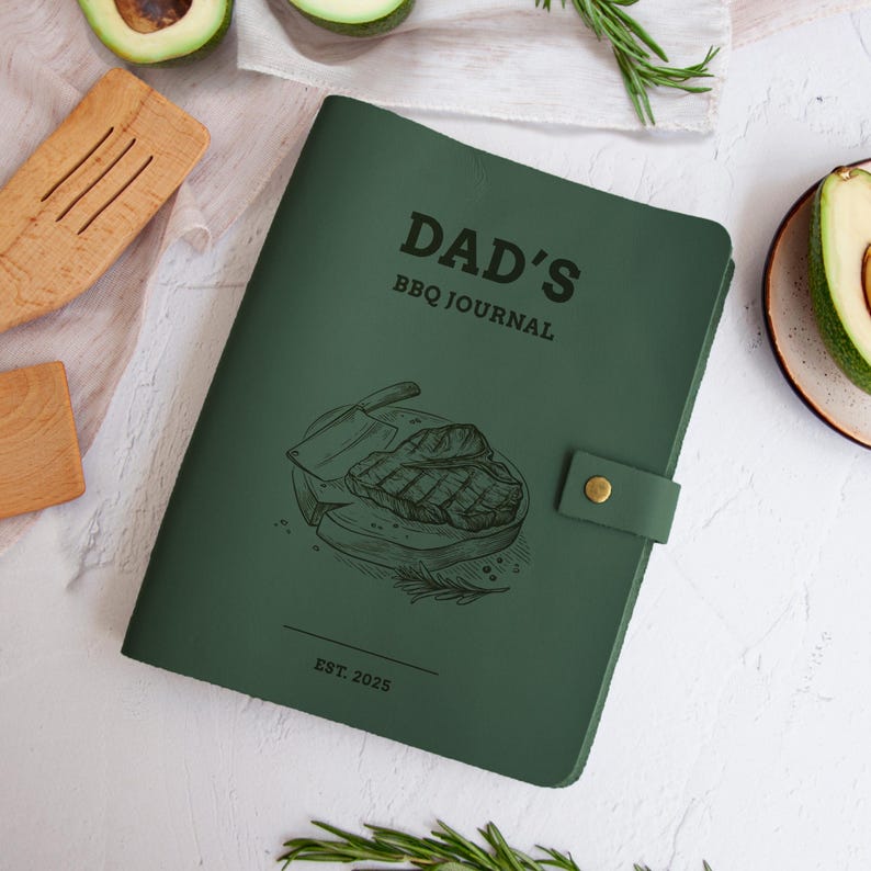 Leaf green dad BBQ journal with steak engraving, personalized grilling recipe book gift for father