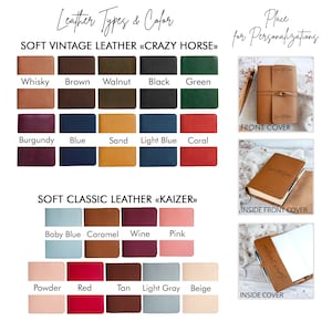 May include: A chart showing different leather types and colors for a journal. The leather types are "Soft Vintage Leather" and "Soft Classic Leather". The colors include whisky, brown, walnut, black, green, burgundy, blue, sand, light blue, coral, baby blue, caramel, wine, pink, powder, red, tan, light gray, and beige.