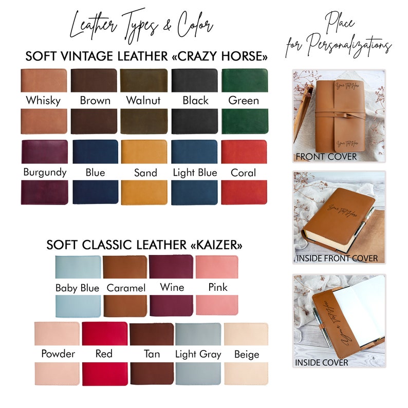 May include: A chart showing different leather types and colors for a journal. The leather types are "Soft Vintage Leather" and "Soft Classic Leather". The colors include whisky, brown, walnut, black, green, burgundy, blue, sand, light blue, coral, baby blue, caramel, wine, pink, powder, red, tan, light gray, and beige.