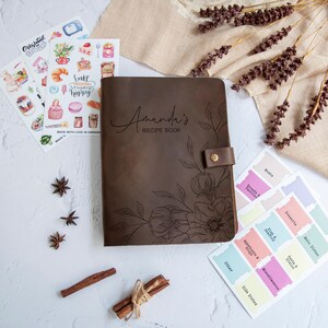 Dark brown floral recipe book with dividers and recipe stickers, personalized leather cookbook anniversary gift