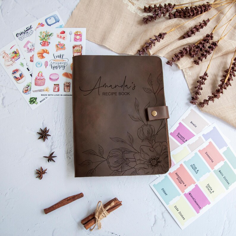 Dark brown floral recipe book with dividers and recipe stickers, personalized leather cookbook anniversary gift