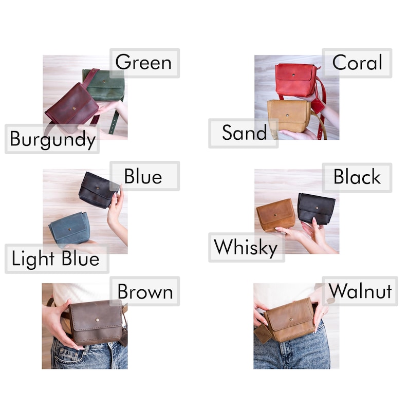 May include: A variety of leather fanny packs in different colors, including burgundy, green, light blue, blue, black, coral, sand, whisky, brown, and walnut.