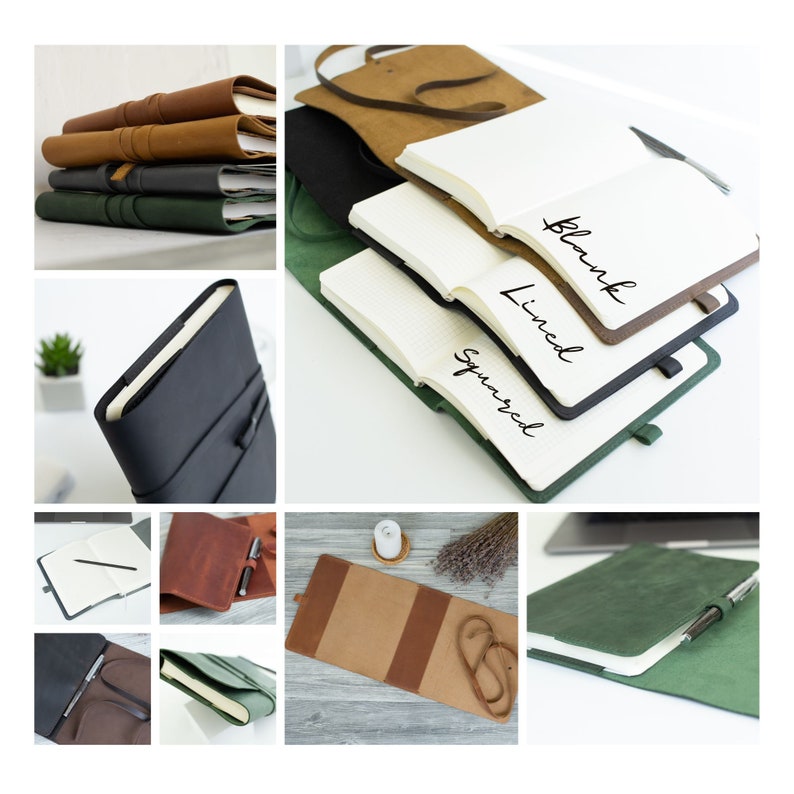 May include: A collage of images showcasing different leather-bound journals with various paper styles. The journals are available in brown, black, and green. The paper styles include blank, lined, and squared.