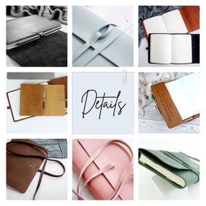 May include: A collage of images showcasing different leather journals and bags. The journals have various colors and designs, including brown, blue, and green. Some journals have a quote or inscription on the cover. The bags are made of brown and pink leather and have a simple, elegant design.
