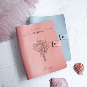 Pink and Blue personalized recipe binder with floral bouquet engraving, custom cookbook