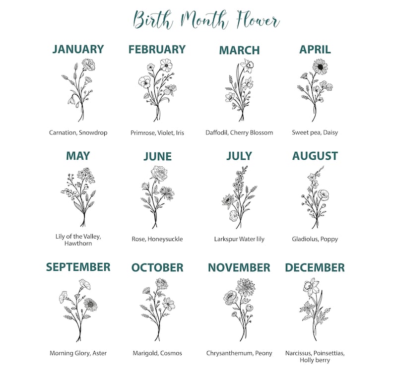 May include: A chart showing the birth month flower for each month of the year. The chart is divided into 12 sections, one for each month. Each section includes a black and white illustration of a bouquet of flowers and the name of the flower(s) associated with that month.