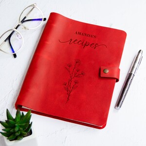Coral red personalized leather recipe book with floral engraving, custom cookbook binder, unique family recipe gift for mom