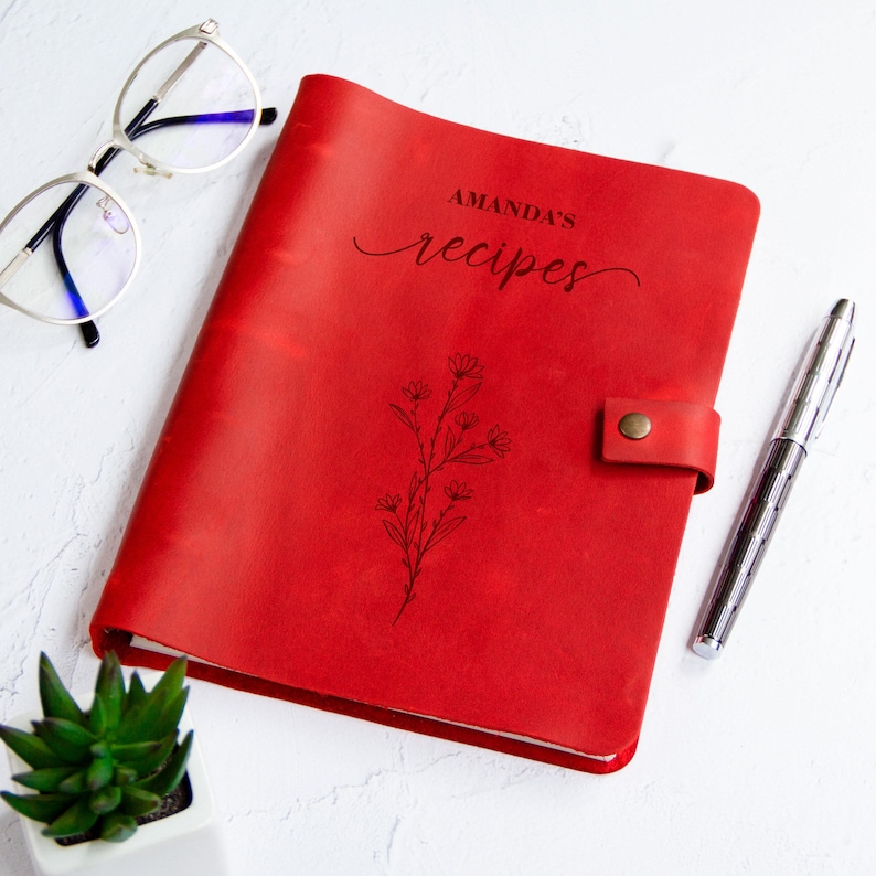 Coral red personalized leather recipe book with floral engraving, custom cookbook binder, unique family recipe gift for mom