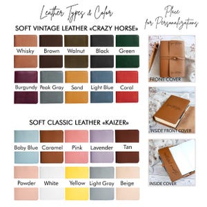 May include: A chart showing different leather types and colors for a journal. The leather types are "Crazy Horse" and "Kaizer". The colors include whisky, brown, walnut, black, green, burgundy, peak gray, sand, light blue, coral, baby blue, caramel, pink, lavender, tan, powder, white, yellow, light gray, and beige.