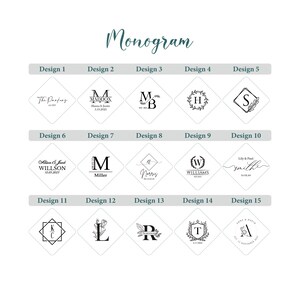 May include: A graphic showing 15 different monogram designs. Each design is a diamond shape with a different font, style, and initial. The designs are labeled with numbers 1 through 15.