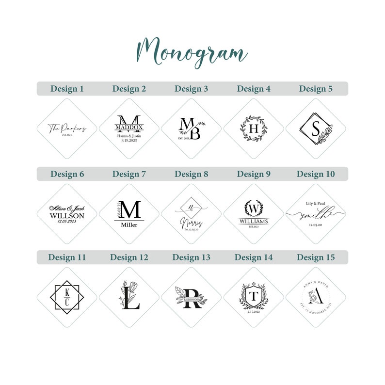 May include: A graphic showing 15 different monogram designs. Each design is a diamond shape with a different font, style, and initial. The designs are labeled with numbers 1 through 15.