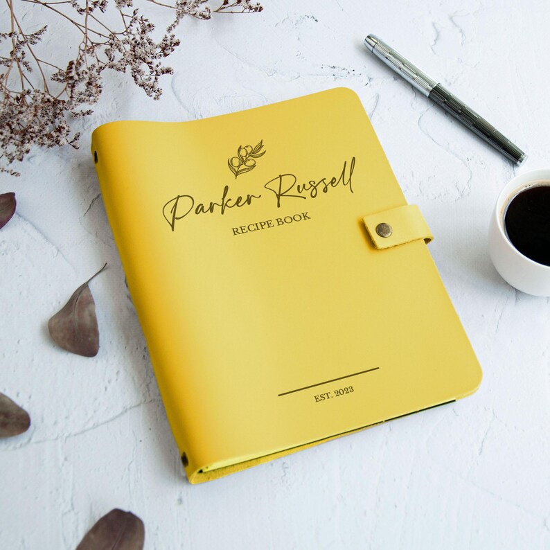 Sunny yellow custom recipe book with personalized name engraving and olive branch, minimalist leather cookbook, unique kitchen gift, gift for wife, Christmas gift, handmade recipe organizer.
