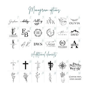 May include: A black and white image displaying 30 different monogram and design options for a personalised gift. The options include initials, names, flowers, crosses, mountains, and a compass. The text "Monogram options" and "Additional elements" are also included in the image.