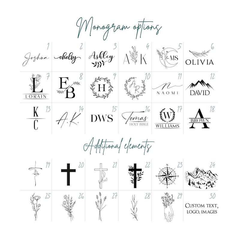 May include: A black and white image displaying 30 different monogram and design options for a personalised gift. The options include initials, names, flowers, crosses, mountains, and a compass. The text "Monogram options" and "Additional elements" are also included in the image.